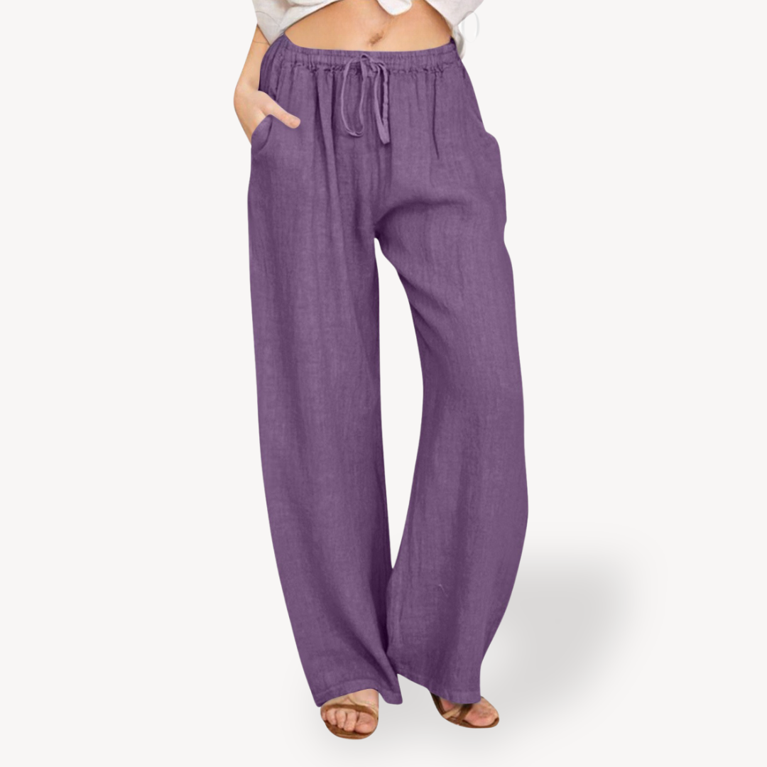 Clara Vienne | Women's Linen Wide-Leg Pants - Drawstring, Casual