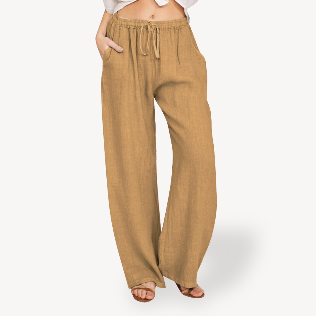 Clara Vienne | Women's Linen Wide-Leg Pants - Drawstring, Casual
